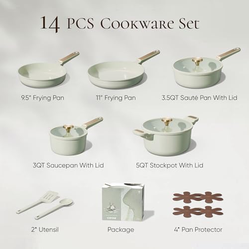 CAROTE Ceramic Cookware Set Nonstick, 14pcs Pots and Pans Set Nonstick, Non-Toxic & PFAS-Free, Dishwasher, RV/Camping Cookware Set, Cooking Pots with Lids, Sage Green - My Kitchen Products