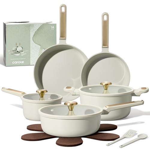 CAROTE Ceramic Cookware Set Nonstick, 14pcs Pots and Pans Set Nonstick, Non-Toxic & PFAS-Free, Dishwasher, RV/Camping Cookware Set, Cooking Pots with Lids, Sage Green - My Kitchen Products