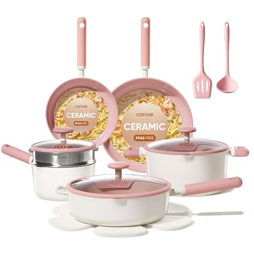 CAROTE Ceramic Cookware Set Nonstick, 15pcs Pots and Pans Set Non stick, Non Toxic Cookware,Dishwasher,RV/Camping Cookware Set, Pan and Pot with Kitchen Utensils, Pink - My Kitchen Products