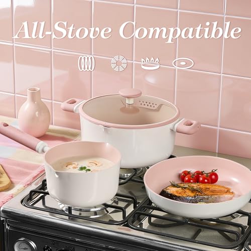 CAROTE Ceramic Cookware Set Nonstick, 15pcs Pots and Pans Set Non stick, Non Toxic Cookware,Dishwasher,RV/Camping Cookware Set, Pan and Pot with Kitchen Utensils, Pink - My Kitchen Products