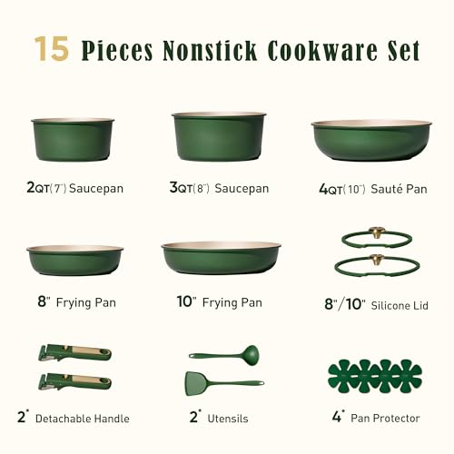CAROTE Green&Gold Nonstick Cookware Set,15Pcs Pots and Pans Set Non Stick Detachable/Removable Handle,Kitchen Cooking Set Dishwasher Safe, RV Kitchen Pot and Pan, Induction Cookware - My Kitchen Products