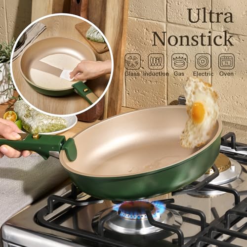 CAROTE Green&Gold Nonstick Cookware Set,15Pcs Pots and Pans Set Non Stick Detachable/Removable Handle,Kitchen Cooking Set Dishwasher Safe, RV Kitchen Pot and Pan, Induction Cookware - My Kitchen Products