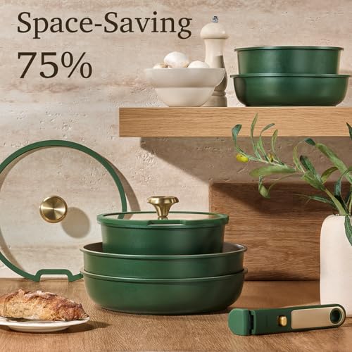 CAROTE Green&Gold Nonstick Cookware Set,15Pcs Pots and Pans Set Non Stick Detachable/Removable Handle,Kitchen Cooking Set Dishwasher Safe, RV Kitchen Pot and Pan, Induction Cookware - My Kitchen Products