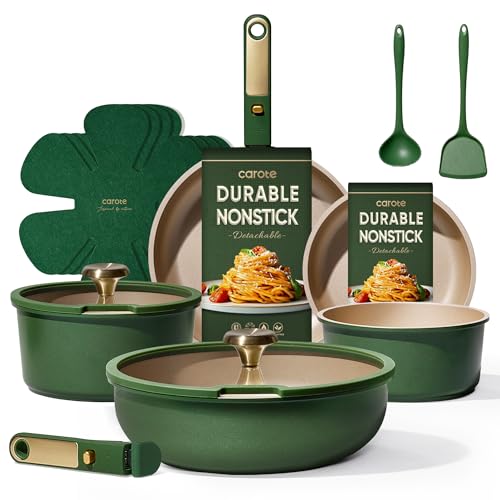 CAROTE Green&Gold Nonstick Cookware Set,15Pcs Pots and Pans Set Non Stick Detachable/Removable Handle,Kitchen Cooking Set Dishwasher Safe, RV Kitchen Pot and Pan, Induction Cookware - My Kitchen Products