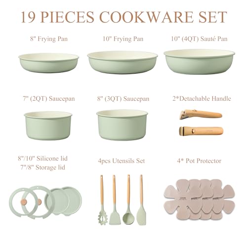 CAROTE Pots and Pans Set, Nonstick Cookware Set Detachable Handle, 19pcs Induction Kitchen Cookware Sets Non Stick with Removable Handle, RV Cookware Set, Oven Safe, Sage Green - My Kitchen Products