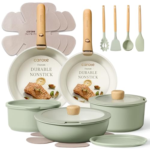 CAROTE Pots and Pans Set, Nonstick Cookware Set Detachable Handle, 19pcs Induction Kitchen Cookware Sets Non Stick with Removable Handle, RV Cookware Set, Oven Safe, Sage Green - My Kitchen Products