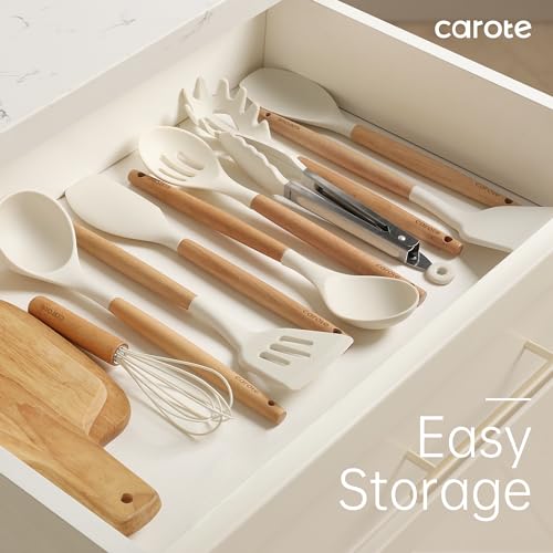 CAROTE Silicone Cooking Utensils Set, Kitchen Utensils Set 10 Pcs for cooking, BPA Free Spatula Set with Heat Resistant Wood Handles for Nonstick Cookware (Cream White) - My Kitchen Products