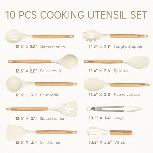 CAROTE Silicone Cooking Utensils Set, Kitchen Utensils Set 10 Pcs for cooking, BPA Free Spatula Set with Heat Resistant Wood Handles for Nonstick Cookware (Cream White) - My Kitchen Products