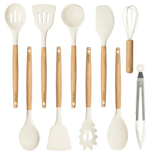 CAROTE Silicone Cooking Utensils Set, Kitchen Utensils Set 10 Pcs for cooking, BPA Free Spatula Set with Heat Resistant Wood Handles for Nonstick Cookware (Cream White) - My Kitchen Products