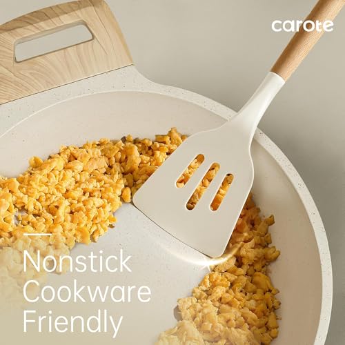 CAROTE Silicone Cooking Utensils Set, Kitchen Utensils Set 10 Pcs for cooking, BPA Free Spatula Set with Heat Resistant Wood Handles for Nonstick Cookware (Cream White) - My Kitchen Products