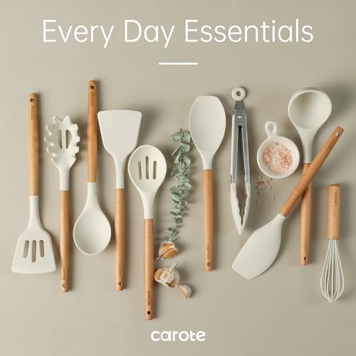 CAROTE Silicone Cooking Utensils Set, Kitchen Utensils Set 10 Pcs for cooking, BPA Free Spatula Set with Heat Resistant Wood Handles for Nonstick Cookware (Cream White) - My Kitchen Products