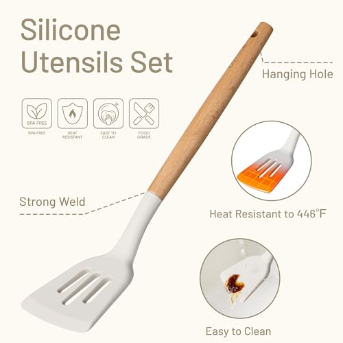 CAROTE Silicone Cooking Utensils Set, Kitchen Utensils Set 10 Pcs for cooking, BPA Free Spatula Set with Heat Resistant Wood Handles for Nonstick Cookware (Cream White) - My Kitchen Products