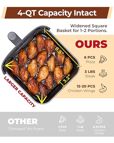 Cartman 4QT Compact Air Fryer, Ultra-Flat 6.7" Height Small Airfryer, Adjustable Airflow Design, Viewing Window, Up to 450℉, 7 Presets Touchscreen, Portable Air Fryer, Black - My Kitchen Products