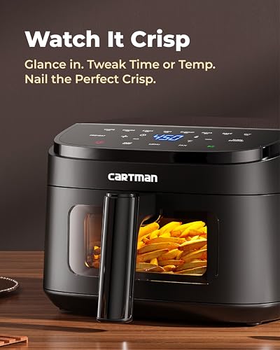 Cartman 4QT Compact Air Fryer, Ultra-Flat 6.7" Height Small Airfryer, Adjustable Airflow Design, Viewing Window, Up to 450℉, 7 Presets Touchscreen, Portable Air Fryer, Black - My Kitchen Products