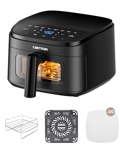 Cartman 4QT Compact Air Fryer, Ultra-Flat 6.7" Height Small Airfryer, Adjustable Airflow Design, Viewing Window, Up to 450℉, 7 Presets Touchscreen, Portable Air Fryer, Black - My Kitchen Products