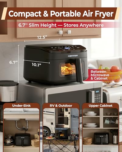 Cartman 4QT Compact Air Fryer, Ultra-Flat 6.7" Height Small Airfryer, Adjustable Airflow Design, Viewing Window, Up to 450℉, 7 Presets Touchscreen, Portable Air Fryer, Black - My Kitchen Products