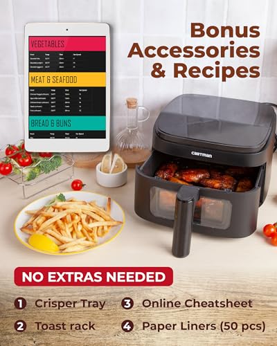 Cartman 4QT Compact Air Fryer, Ultra-Flat 6.7" Height Small Airfryer, Adjustable Airflow Design, Viewing Window, Up to 450℉, 7 Presets Touchscreen, Portable Air Fryer, Black - My Kitchen Products