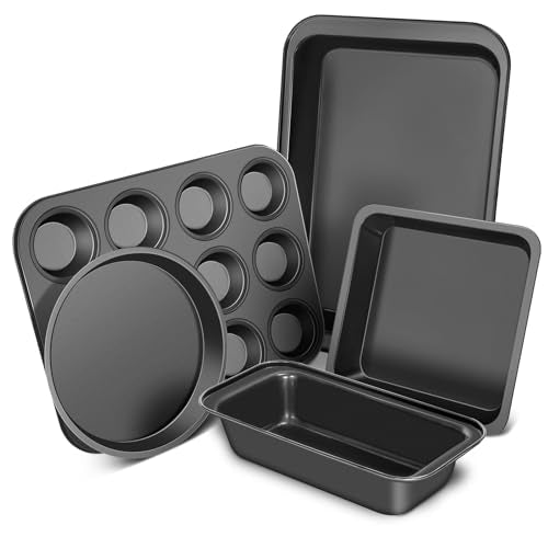 CasaCulina Baking Pans Set, 5-Piece Nonstick Bakeware Sets with Round/Square Cake Pan, Muffin Loaf Roast Pan, Baking Sheets for Oven, Kitchen Cookware Sets Baking Tray Baking Supplies, Black - My Kitchen Products