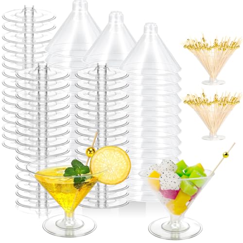 Cashger 100 Pack Plastic Martini Glasses 5 Oz Mini Dessert Cups Clear Cocktail Glasses with Cocktail Sticks Clear Short Stem