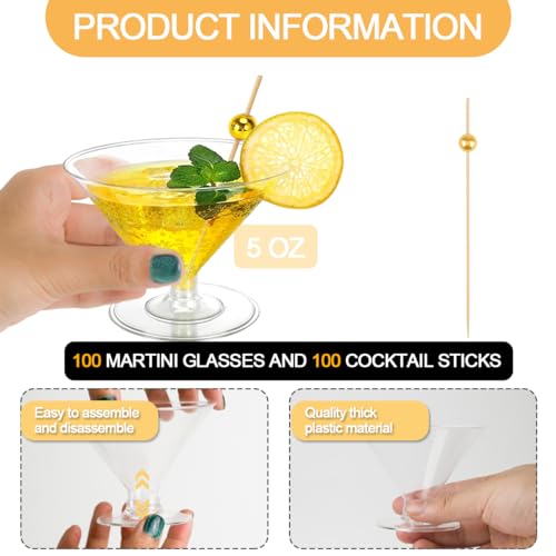 Cashger 100 Pack Plastic Martini Glasses 5 Oz Mini Dessert Cups Clear Cocktail Glasses with Cocktail Sticks Clear Short Stem Shot Glasses for Party Wine, Desserts and Appetizers - My Kitchen Products