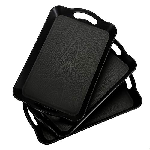 Cedilis 3 Pack Black Serving Trays with Handles,16 x 11IN Rectangular Non Skid Multi-Purpose Plastic OttomanTray