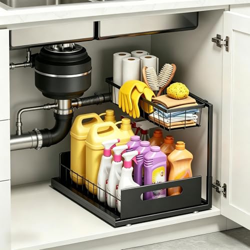 Ceetug Under Sink Organizers and Storage 2 Tier Slide Out Kitchen Cabinet Organizer Sturdy Metal Bathroom Storage