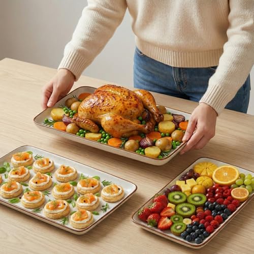 Ceramic Serving Platter Set of 3 - 16 / 14 / 12 Inches Oven Safe Serving Dishes for Entertaining - Platters and Trays - Porcelain Plates - Ceramic Grilling Platter - Rectangular Plates - Turkey Dishes - My Kitchen Products