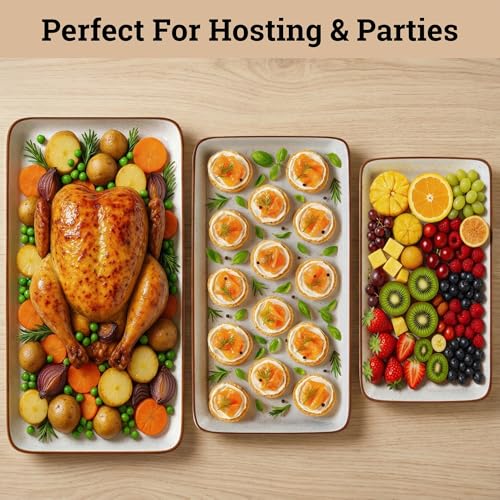 Ceramic Serving Platter Set of 3 - 16 / 14 / 12 Inches Oven Safe Serving Dishes for Entertaining - Platters and Trays - Porcelain Plates - Ceramic Grilling Platter - Rectangular Plates - Turkey Dishes - My Kitchen Products