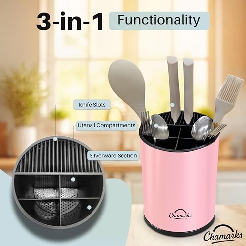 CHAMARKS 3-in-1 Kitchen Utensil Holder for countertop with Knife Block and Silverware Caddy. (Pink) - My Kitchen Products