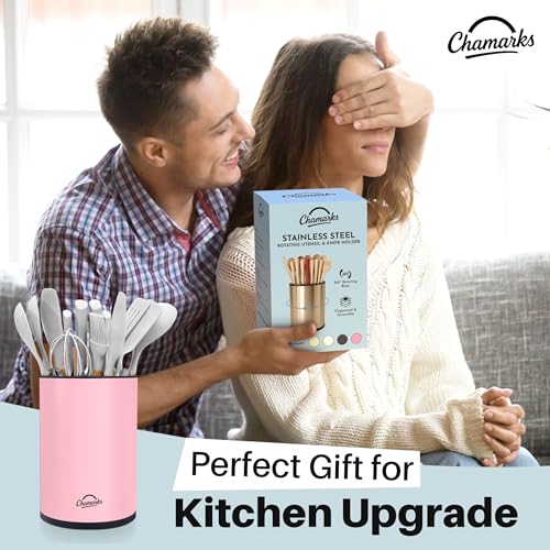 CHAMARKS 3-in-1 Kitchen Utensil Holder for countertop with Knife Block and Silverware Caddy. (Pink) - My Kitchen Products