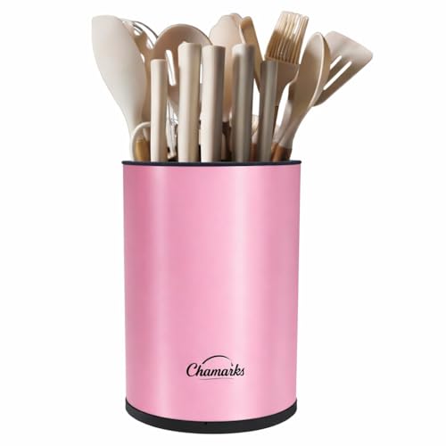 CHAMARKS 3-in-1 Kitchen Utensil Holder for countertop with Knife Block and Silverware Caddy. (Pink) - My Kitchen Products