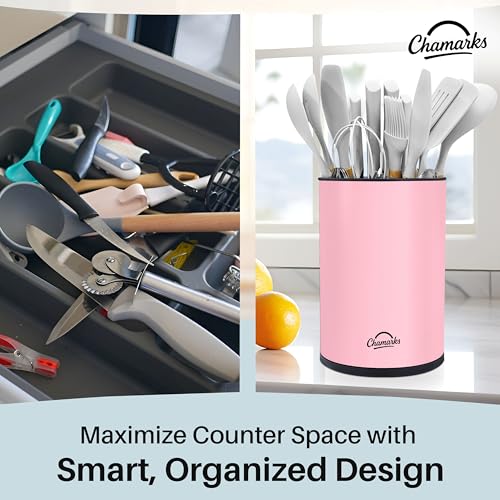 CHAMARKS 3-in-1 Kitchen Utensil Holder for countertop with Knife Block and Silverware Caddy. (Pink) - My Kitchen Products