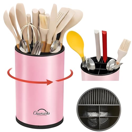 CHAMARKS 3-in-1 Kitchen Utensil Holder for countertop with Knife Block and Silverware Caddy. (Pink)