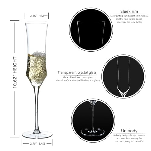 Champagne Flutes Set of 6 - Hand Blown Crystal Champagne Glasses With Long Stem - 7 oz Elegant Sparkling Wine Stemware - Unique Gift for Birthday,Wedding,Father's Day,Housewarming - My Kitchen Products