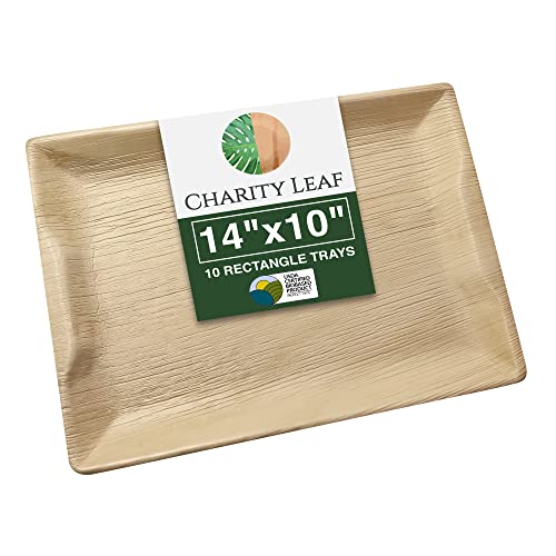 Charity Leaf Disposable Palm Leaf 14" x 10" Trays (10 pieces) Bamboo Like Serving Platters, Disposable