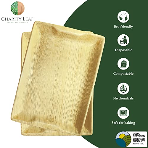 Charity Leaf Disposable Palm Leaf 14" x 10" Trays (10 pieces) Bamboo Like Serving Platters, Disposable Boards, Eco-Friendly Dinnerware For Weddings, Catering, Events - My Kitchen Products
