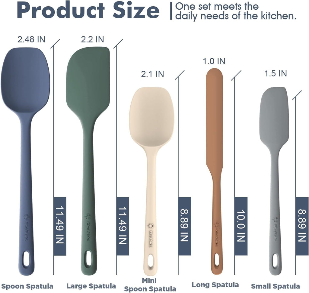 ChefAide 5 Pieces Silicone Spatula Set, Food Grade Rubber Spatula, Upgrade Strong Handle with Ergonomic Grip, Heat Resistant Up to 600°F for Nonstick Cookware, Cooking - My Kitchen Products