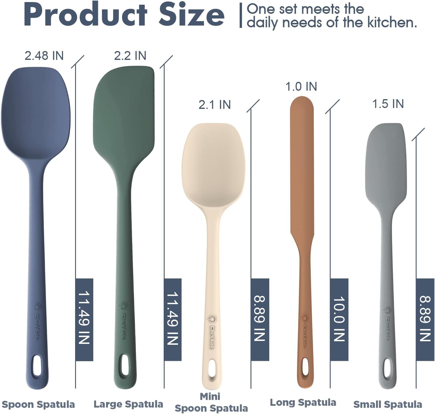 ChefAide 5 Pieces Silicone Spatula Set, Food Grade Rubber Spatula, Upgrade Strong Handle with Ergonomic Grip, Heat Resistant Up to 600°F for Nonstick Cookware, Cooking - My Kitchen Products