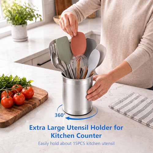 CHEFBEE Stainless Steel Utensil Holder - 360° Rotating Kitchen Cooking Utensil Crock Organizer for Countertop, Extra Large Silverware Tool Holder Caddy for Spatulas, Kitchen Counter Decor - My Kitchen Products