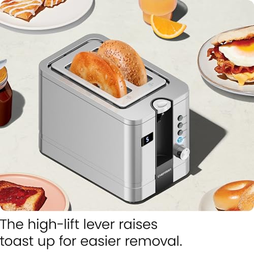 Chefman 2-Slice Digital Toaster, Pop-Up, Stainless Steel, Extra-Wide Slots For Bagels, Defrost, Reheat, Cancel Functions, Removable Crumb Tray - My Kitchen Products
