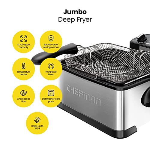 Chefman 4.5 Liter Deep Fryer w/Basket Strainer, XL Jumbo Size, Adjustable Temperature & Timer, Perfect for Fried Chicken, Shrimp, French Fries, Chips & More, Removable Oil-Container, Stainless Steel - My Kitchen Products