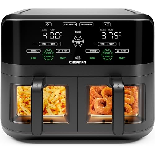 CHEFMAN 6 Quart Dual Basket Air Fryer Oven with Easy View Windows, Sync Finish, Hi-Fry, Auto Shutoff, 2 Independent 3Qt Nonstick Dishwasher Safe Frying Baskets, Digital Double Air Fryer - Black - My Kitchen Products