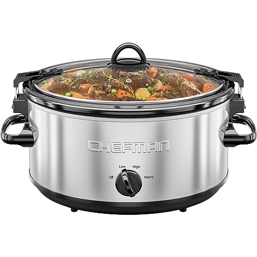 Chefman 6 Quart Slow Cooker with Locking Lid, Ceramic Crock with Portable Cook and Carry Travel Latching Lock, Large Easy Clean Dishwasher Safe Pot Insert, Manual 3 Heat Settings, Stainless Steel - My Kitchen Products
