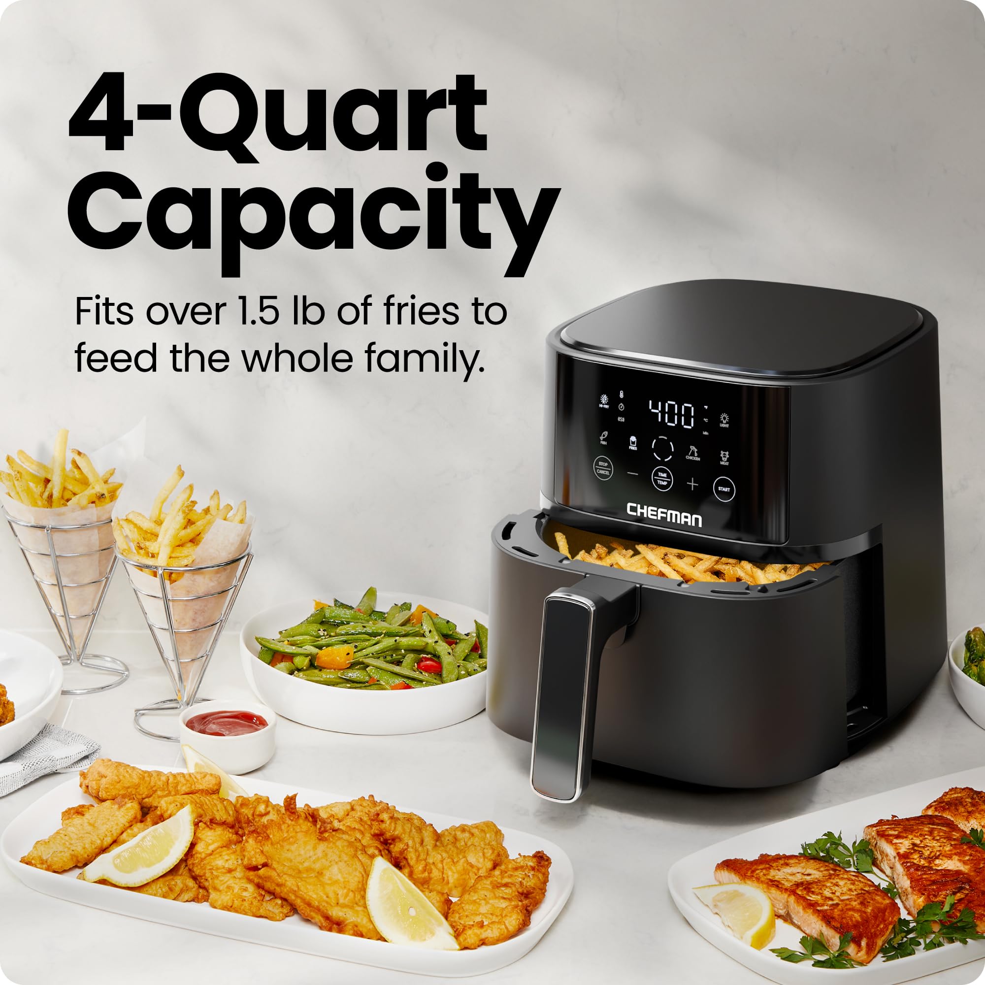 Chefman Air Fryer – 4 QT Compact Airfryer for Quick & Easy Meals in Minutes, Features Hi-Fry Technology for Extra Crisp, Touchscreen Controls with 4 Presets, Nonstick & Dishwasher Safe Basket - Black - My Kitchen Products