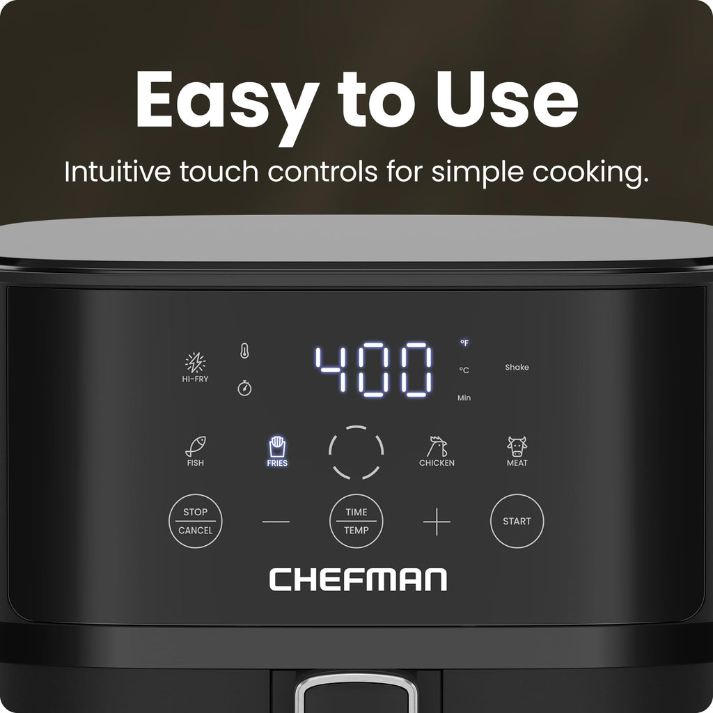 Chefman Air Fryer – 6 QT Compact Airfryer for Quick & Easy Meals in Minutes, Features Hi-Fry Technology for Extra Crisp, Touchscreen Controls with 4 Presets, Nonstick & Dishwasher Safe Basket - Black - My Kitchen Products