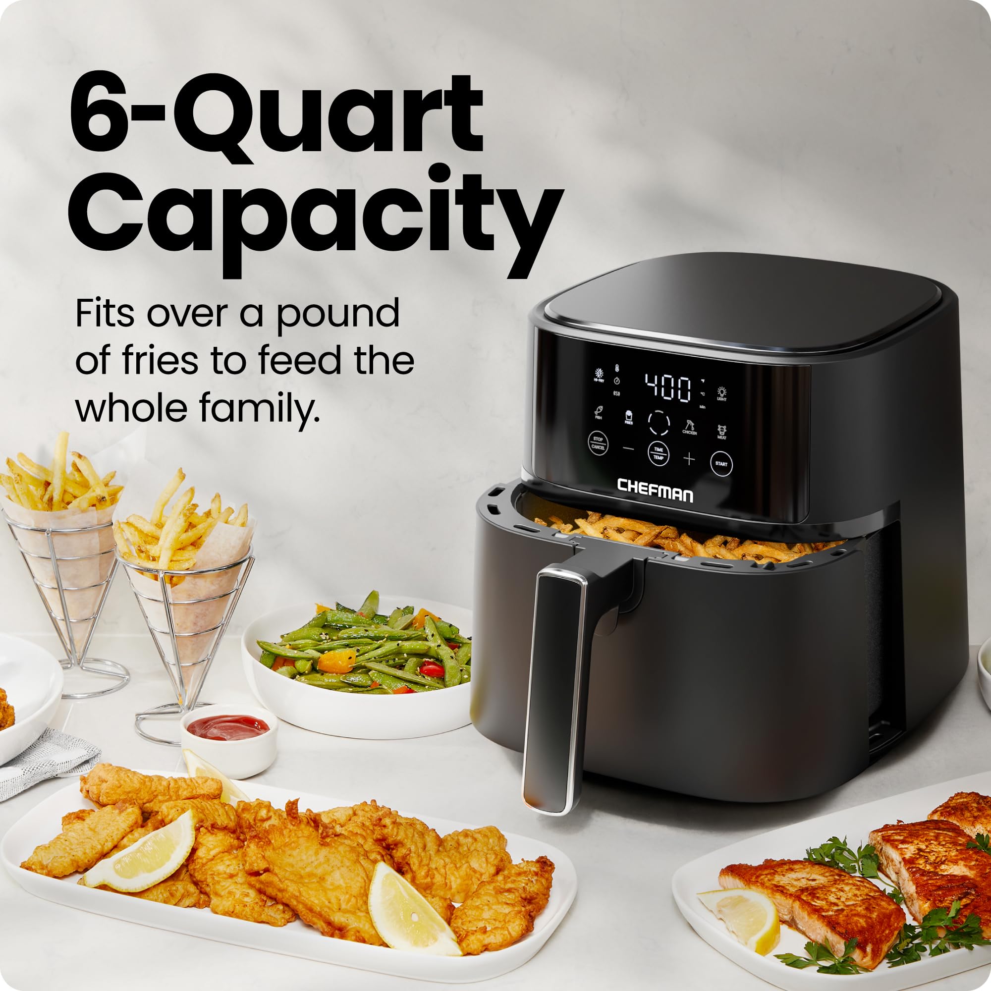 Chefman Air Fryer – 6 QT Compact Airfryer for Quick & Easy Meals in Minutes, Features Hi-Fry Technology for Extra Crisp, Touchscreen Controls with 4 Presets, Nonstick & Dishwasher Safe Basket - Black - My Kitchen Products