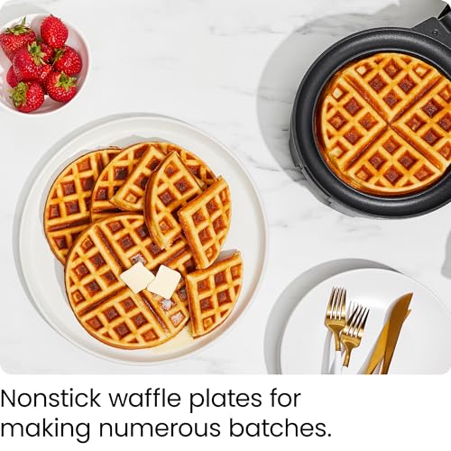 Chefman Anti-Overflow Belgian Waffle Maker w/Shade Selector, Temperature Control, Mess Free Moat, Round Iron w/Nonstick Plates & Cool Touch Handle, Measuring Cup Included, Black - My Kitchen Products