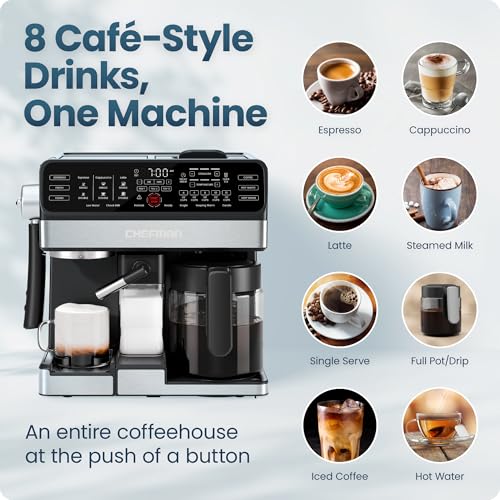 Chefman Coffee Maker Espresso Machine Combo, 8-in-1 Coffee Station with Automatic Milk Frother for Lattes, Cappuccinos, Macchiatos, 20-Bar Pump, 12-Cup Carafe & 3L Water Tank - Black - My Kitchen Products