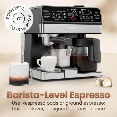 Chefman Coffee Maker Espresso Machine Combo, 8-in-1 Coffee Station with Automatic Milk Frother for Lattes, Cappuccinos, Macchiatos, 20-Bar Pump, 12-Cup Carafe & 3L Water Tank - Black - My Kitchen Products