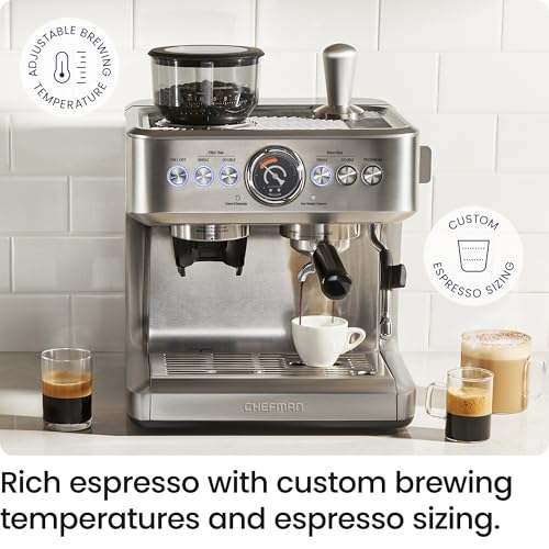 Chefman Crema Supreme 15 Bar Espresso Machine with Milk Frother, Barista Steam Wand, Professional Coffee Maker with Coffee Grinder, 30 Grind Settings, 3L Removable Water Tank - Stainless Steel - My Kitchen Products